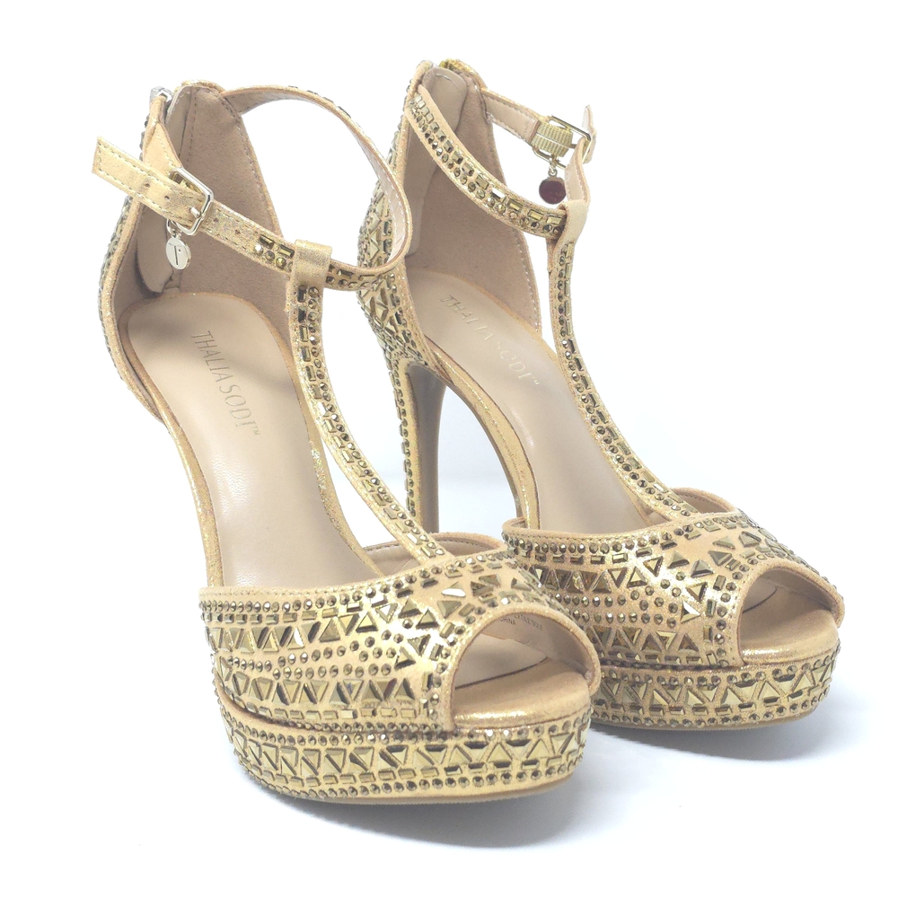 Thalia Sodi Chacey Gold Embellished T-Strap Platform Sandals Women’s 7W - Picture 2 of 12